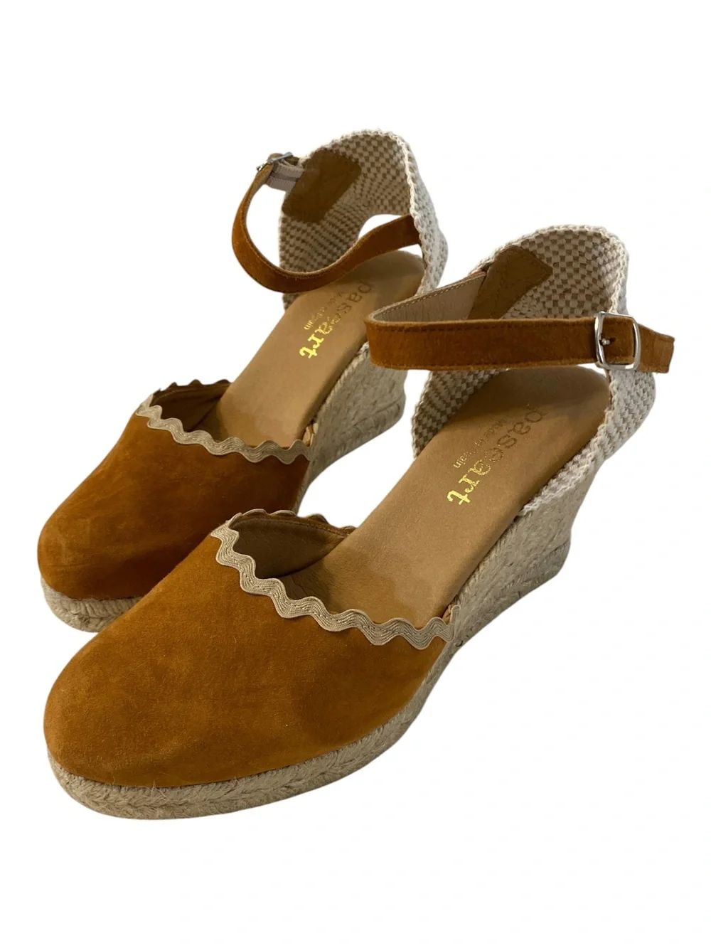 Paseart Camel Suede Wedge Heel Ankle Strap Euro Summer Espadrilles 7